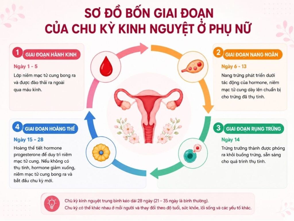 Sơ đồ bốn giai đoạn của chu kỳ kinh nguyệt ở phụ nữ