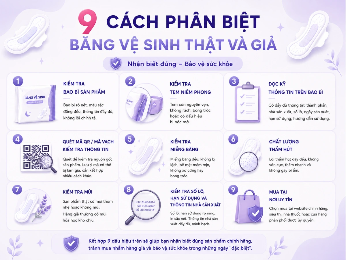 9 cách phân biệt băng vệ sinh thật và giả.