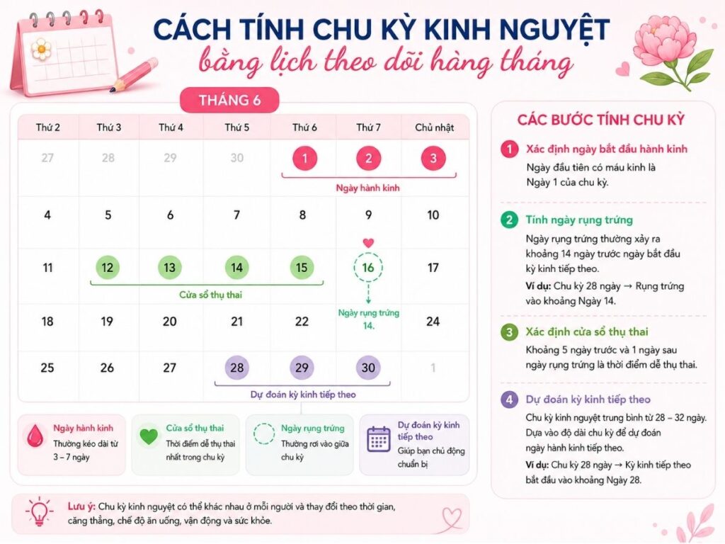 Cách tính chu kỳ kinh nguyệt bằng lịch theo dõi hàng tháng